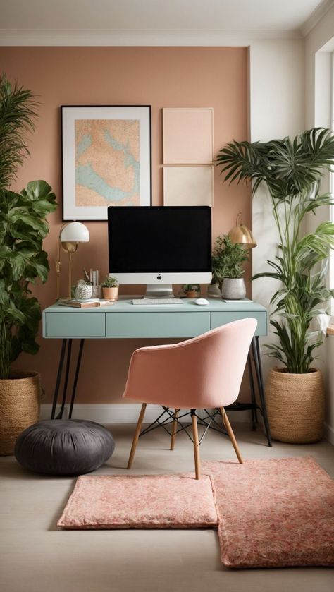 Creative Studio Interior, Office Decor Pastel Colors, Home Office Pastel, Salmon Office Walls, Office Ideas Girly, Colourful Office Interior, Boho Chic Office Pink, Bright Home Office, Build Office