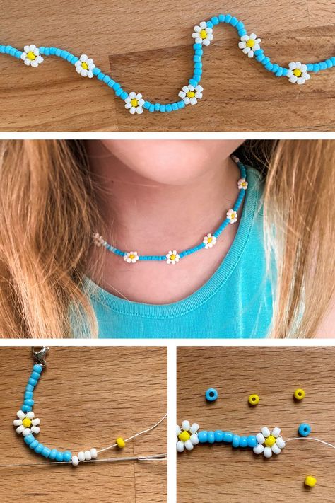 Make A Flower With Beads, How To Make Necklaces Step By Step, Beading Daisy Chain, How To Make A Beaded Daisy, Bead Daisy Chain Tutorial, Daisy Bead Necklace Tutorial, Daisy Chain Tutorial How To Make, Diy Bead Necklace Tutorial, Beaded Jewelry For Kids