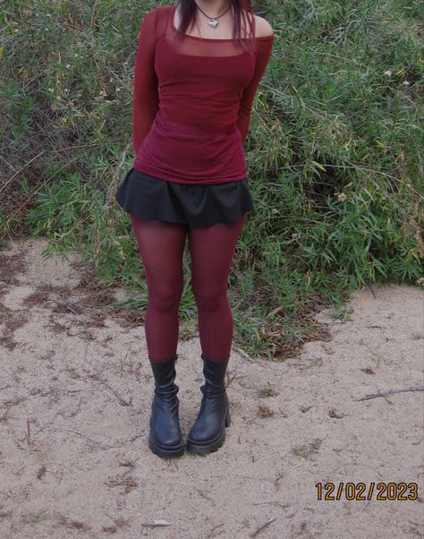 Red Shirt And Skirt Outfit, Thick Body Outfits Alternative, Coloured Tights Outfit Street Styles, Denim Shorts Tights Outfit, How To Style Black Skirt Outfit Ideas, Red Clothes Outfits, Outfits For Movie Date, Colorful Goth Outfits, Funky Tights Outfits