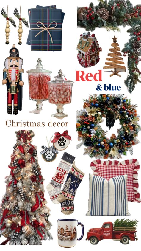 Red And Blue Christmas Decor, Blue And Red Christmas Decor, Red Blue Christmas, Blue And Red Christmas, Red And Blue Christmas, Blue Christmas Decor, Red Christmas Decor, Red White Christmas, Cottage Christmas