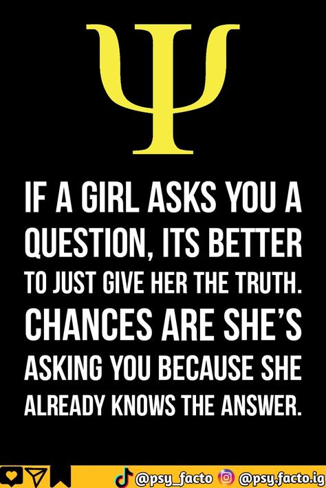 Girls Psychological Facts: When She Ask A Question Psychology Facts About Boys, Facts About Girls Feelings, Facts About Girls, Physcology Facts About Human Behavior, Psychology Facts About Girls, Psychological Facts About Boys, Facts About Psychopaths, Ask A Question, Girls F