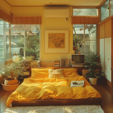 Vintage Room Minimalist, Interior Design Tiny Apartment, 1 Bedroom Apartment Interior Design, Tokyo Living Room, Cool Tone Apartment, Yellow Room Design, Colorful Small Bedroom, Tiny Home Interior Design Ideas, 1960s Bedroom Aesthetic