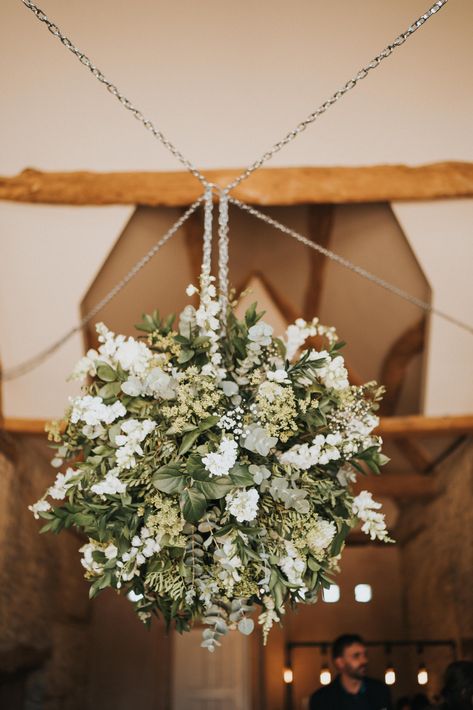 White And Green Hanging Flowers Wedding, Hanging Flower Ball, Wedding Installation, Hanging Flowers Wedding, Wedding Ceremony Decorations Indoor, Eucalyptus Wedding Decor, Floral Topiaries, Hanging Wedding Decorations, Flower Balls