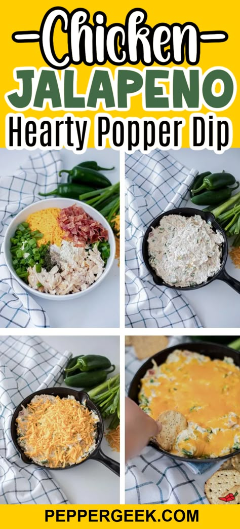 This chicken jalapeño popper dip is made with chicken and bacon. So, it can be served as a satisfying side dish or a filling appetizer. It’s a great way to use up some leftover rotisserie chicken you may have as well. Jalapeños Popper Chicken, Chicken Popper Dip, Jalapeño Popper Chicken Dip, Leftover Chicken Appetizers, Chicken Jalapeno Popper Dip, Rotisserie Chicken Dip, Popper Dip Easy, Popper Recipes, Jalapeno Dip Recipes