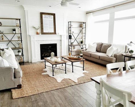 15 Farmhouse Fireplace Ideas That Sizzle | Hunker White Farmhouse Living Room, Farmhouse Rugs Living Room, 1940 House, Farmhouse Fireplace Ideas, Ceilings Ideas, House Styling, Living Room Classic, Farmhouse Living Room Furniture, Room Styling