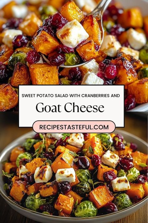 This **fall-inspired salad** is a perfect blend of sweet and savory flavors, featuring roasted butternut squash, Brussels sprouts, and sweet potatoes. Topped with a tangy cranberry glaze, creamy goat cheese, and a handful of fresh cranberries, it’s a vibrant, seasonal dish that’s both comforting and refreshing. Ideal for autumn gatherings or a nourishing side for any meal! Roasted Butternut Squash Brussel Sprouts Goat Cheese, Beet Butternut Squash Goat Cheese Salad, Brussel Sprout Squash Salad, Sweet Potatoes And Goat Cheese, Sweet Potato Beet Salad, Ideas For Fresh Cranberries, Squash And Sweet Potato Recipes, Cranberry Brussel Sprouts, Roast Beef Side Dishes