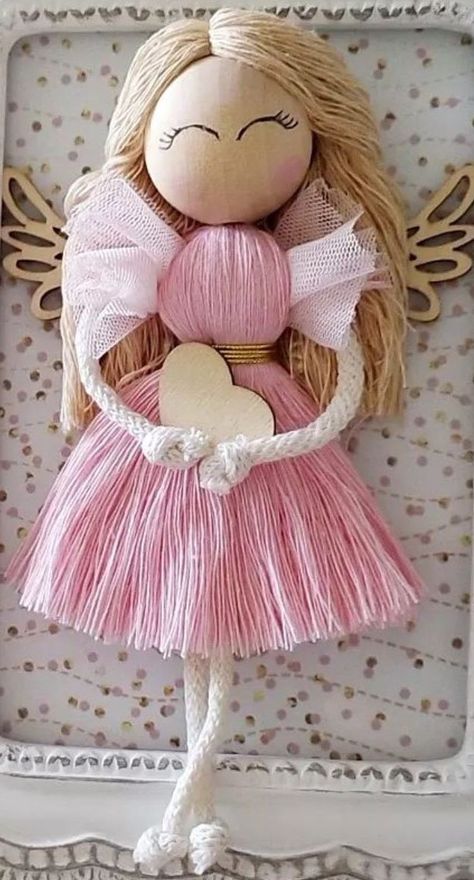 Yarn Fairy Doll Diy, Macrame Ballerina, Fairy Diy Crafts, Diy Yarn Dolls, Diy Sensory Toys, Macrame Dolls, Macrame Doll, Christmas Angel Doll, Pink Macrame