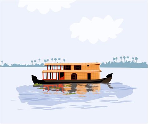 Kerala in South India house boat in backwater vector Boat House Drawing, Kerala Boat House, Kerala Illustration, Kerala Boat, House Boat Kerala, Travel Embroidery, Boat Icon, Boat Cartoon, Boat Vector