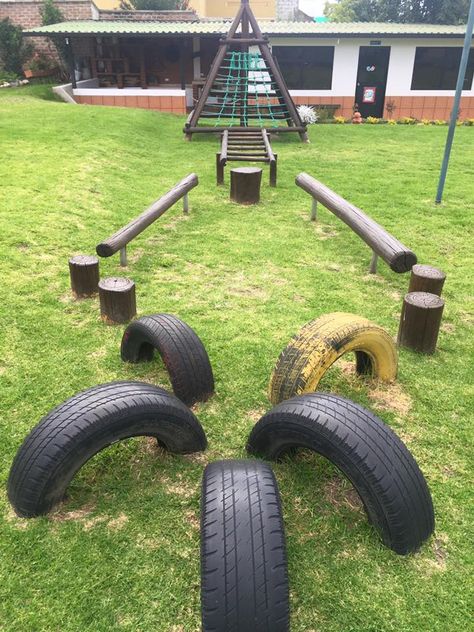 Diy Adventure Playground, Tire Obstacle Course, Diy Parkour Course For Kids, Backyard Parkour, Diy Backyard Obstacle Course, Playground Obstacle Course, Obstacle Course Ideas For Kids, Tire Playground, Goat Playground