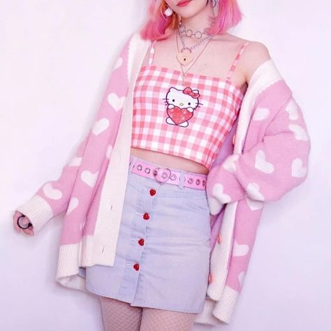 Pink Heart Sweater Outfit, Sanrio Outfits, Pastel Fashion, Kawaii Fashion Outfits, Sweater Coat, Pink Outfits, Kawaii Clothes, Harajuku Fashion, Character Outfits