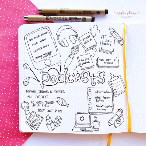 I’ve been obsessing with podcasts and I’m subscribed to so many, and I thought it might be a good idea to write them all. While creating this bujo spread I actually was reminded of so many cool podcasts I forgot about. So if you’re an avid podcast listened yourself - let’s join forces and create a list of your favorites together in this post. Podcast Journal, Bujo Favorites Page, Bullet Journal Lists, January Bullet Journal, Bujo Layout, Grid Journals, Journal Lists, Dot Grid Journal, Common Themes