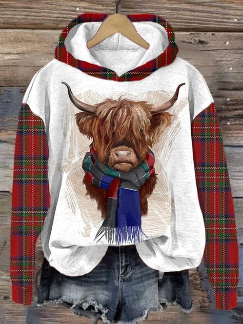 Cow Print Hoodie, Preppy Sweatshirts, Highland Cow Print, Hooded Tops, Print Hoodie, Highland Cow, Long Hoodie, Cow Print, White Sweatshirt