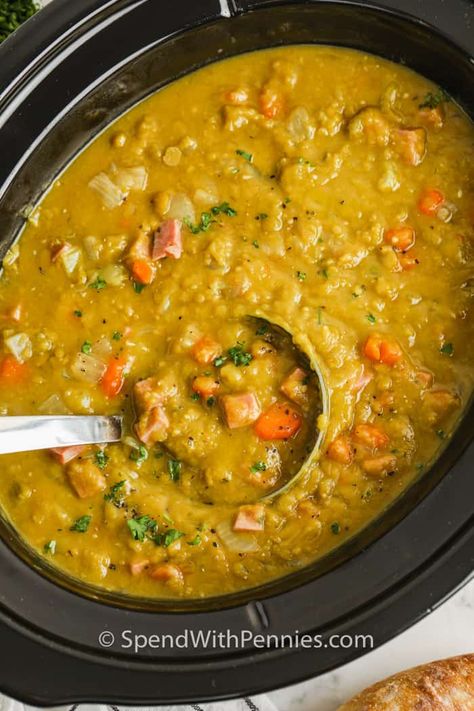 Make homemade Crockpot split pea soup for meal prep or batch cooking—it's perfect for freezing or make ahead meals. A hearty and satisfying soup like this one is the best thing to cook for a rainy or snowy day! #spendwithpennies #crockpotsplitpeasoup #soup #recipe #ham #hambone #easy #best #crockpot #slowcooker Pea Soup Crockpot, Crockpot Split Pea Soup, Crockpot Tortellini, Split Pea Soup Crockpot, Apple Casserole, Crockpot Recipes For Two, Rangoon Dip, Wonton Chips, Warm Soup Recipes