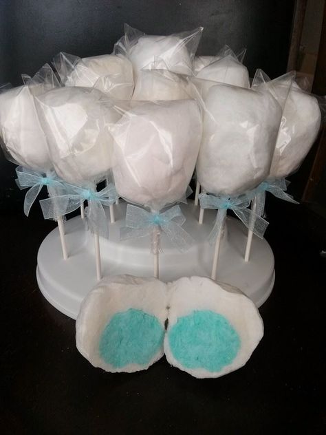 White vanilla bean cotton candy fluff with a blue raz middle for a baby boys baby shower or could also be used as a gender reveal. www.fluffnstufftreats.com 469-35-8086 #fluffnstuffteats #cottoncandy #babyshower #babyshowerfavors #itsaboy #genderreveal #organcicottoncandy #minicottoncandy #gourmetcottoncandy #partyfavors Gender Reveal Cotton Candy Ideas, Cotton Candy Gender Reveal Ideas, Gender Reveal Cotton Candy, Cotton Candy Gender Reveal, Cotton Candy Party Favors, Gourmet Cotton Candy, White Cotton Candy, Baby Shower Card Sayings, Cotton Candy Favors