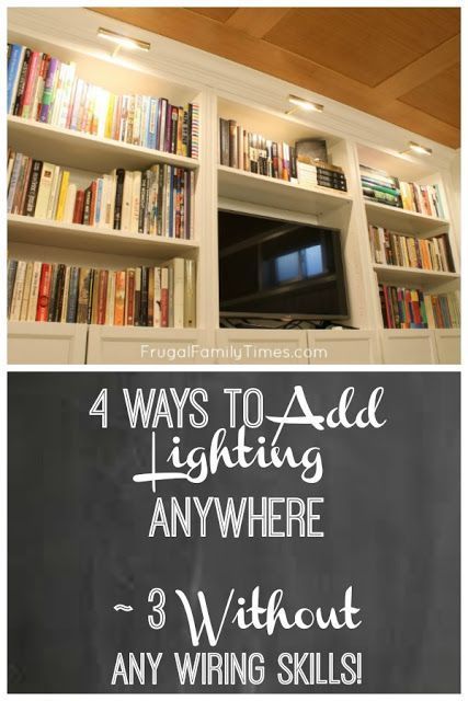 4 ways to add lights pretty much anywhere - 3 don't require any wiring skills! Bookcase lighting can make a boring bookcase shine - literally! Adding bookshelf lighting can be simple. You don't need to pay an Electrician - there are simple ways to install library lights without complicated wiring. Here's how to install picture lights using the right products to make it easy. #ikeahack #bookshelf #howto #decorideas #lighting #frugalfamilytimes Library Lights, Bookcase Ikea, Playroom Idea, Library Lighting, Luxurious Lighting, Bookshelf Lighting, Basement Guest Rooms, Bookcase Lighting, Faux Brick Walls