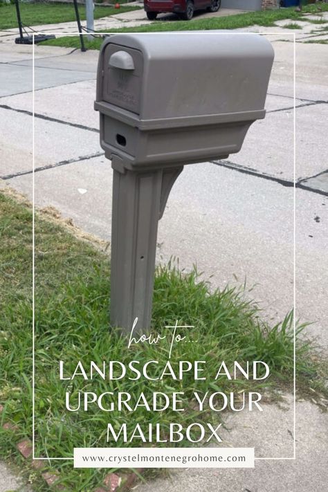 a picture of an old mailbox in need of re- landscaping. Bricks Around Mailbox Ideas, Black Mailbox Ideas Curb Appeal, Pretty Mailbox Ideas Curb Appeal, Painting Mailbox Ideas Diy, Easy Mailbox Landscaping, Landscape Around Mailbox Ideas, Plastic Mailbox Makeover Ideas, Rocks Around Mailbox Curb Appeal, Mailbox Redo Diy