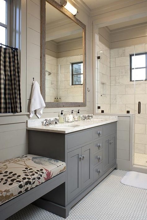 I really like the gray color of these cabinets.  Looks good with the white counter tops, too.  Light gray walls and gray/white tiles. Bathroom Vanity With Bench Seat, Bench Seat In Bathroom, Bathroom With Bench Seating, Bathroom Benches Ideas, Bench In Bathroom Decor, Master Bath With Bench, Built In Bench In Bathroom, Bathroom Seating Benches, Bathroom With Bench