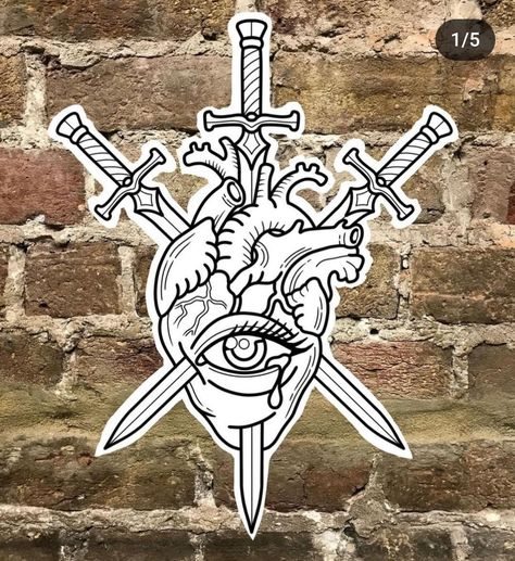 Swords Tattoo, Traditional Tattoo Stencils, Sam King, Three Of Swords, Traditional Black Tattoo, Wrist Tattoo Designs, Vintage Tattoo Design, Traditional Tattoo Designs, Occult Tattoo