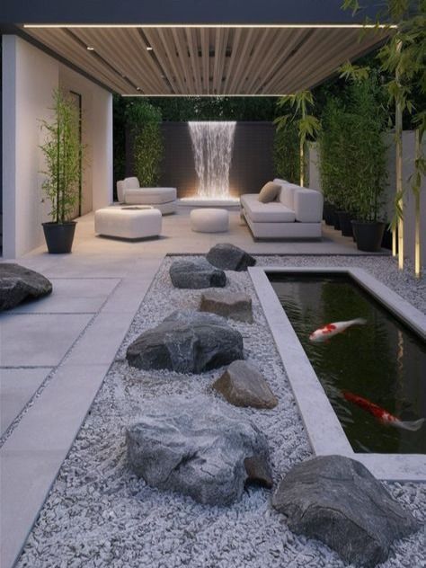 Patio Water Features Ideas, Zen Landscape Design, Yard Water Features, Zen Patio Ideas, Garden Sitting Area, Zen Backyard Ideas, Peaceful Backyard, Modern Zen Garden, House In The Suburbs