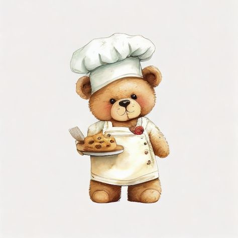 Bear Cooking Illustration, Bear Chef Illustration, Chef Illustration Drawing, Cooking Watercolor, Drawing Teddy Bear, Chef Drawing, Draw Bear, Cookie Cartoon, Cooking Cartoon