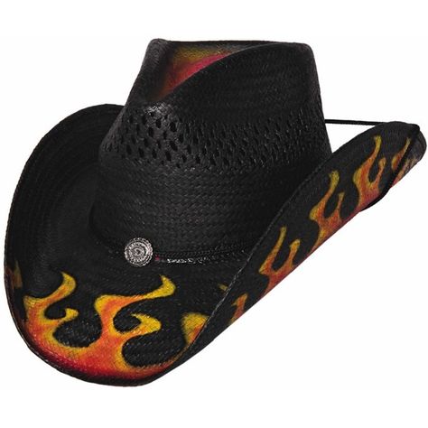 Small Black "Ring Of Fire" Toyo Straw Western Hat with Painted Flames... ($50) ❤ liked on Polyvore featuring accessories, hats, western straw hats, straw cowgirl hats, straw hats, ring of fire and brimmed hat Painted Flames, Straw Cowgirl Hat, Hats Western, Ring Of Fire, Western Hat, Brimmed Hat, Black Ring, Straw Hats, Cap Fashion