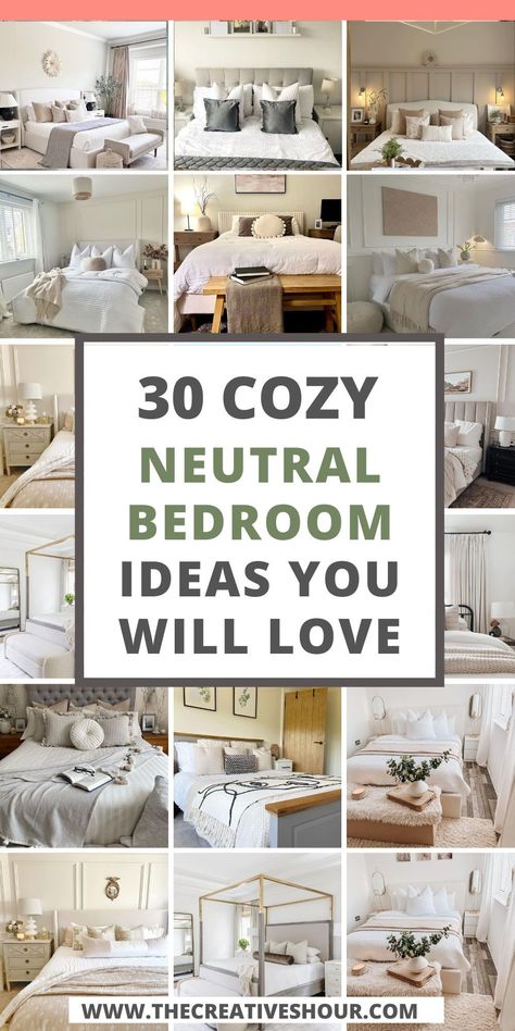 Transform your bedroom into a tranquil oasis with these cozy neutral bedroom ideas! From farmhouse charm to boho chic, discover how to infuse soothing color tones and decor for a relaxing and romantic modern retreat. 3rd Bedroom Ideas, Bedroom Decor Cream Walls, Bedroom Inspirations Master Color Schemes Relaxing, Clean Simple Master Bedrooms, Neutral Headboard Bedroom Ideas, Master Bedrooms Decor Natural, Neutral Master Bedrooms Decorating Ideas, Bedroom Inspirations Master Cozy Simple, Small Farmhouse Bedroom Ideas Simple