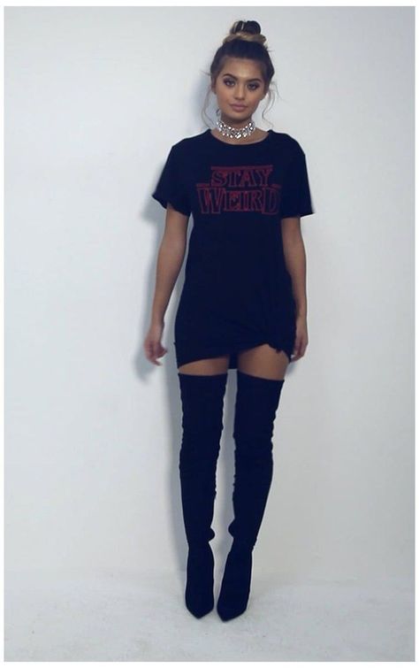 cd0dce8fca267bf1fb86cf43e18d5598desc47989960ri Tee Shirt Dress Outfit, Shirt Dress Outfit, Fall Dress Outfit, Tee Shirt Dress, Edgy Outfits, Dress Outfit, Thigh High Boots, Oversized Shirt, Outfits Casuales