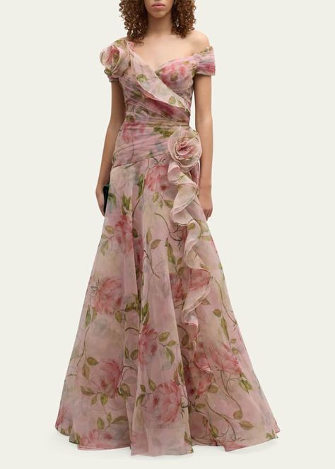 Rickie Freeman for Teri Jon Pleated Off-Shoulder Floral-Print Organza Gown - Bergdorf Goodman Floral Print Formal Ball Gown Evening Dress, Formal Evening Ball Gown With Floral Print, Organza Gown Designs, Organza Gown, Organza Gowns, Pleated Gown, Teri Jon, Printed Gowns, Cocktail Jacket