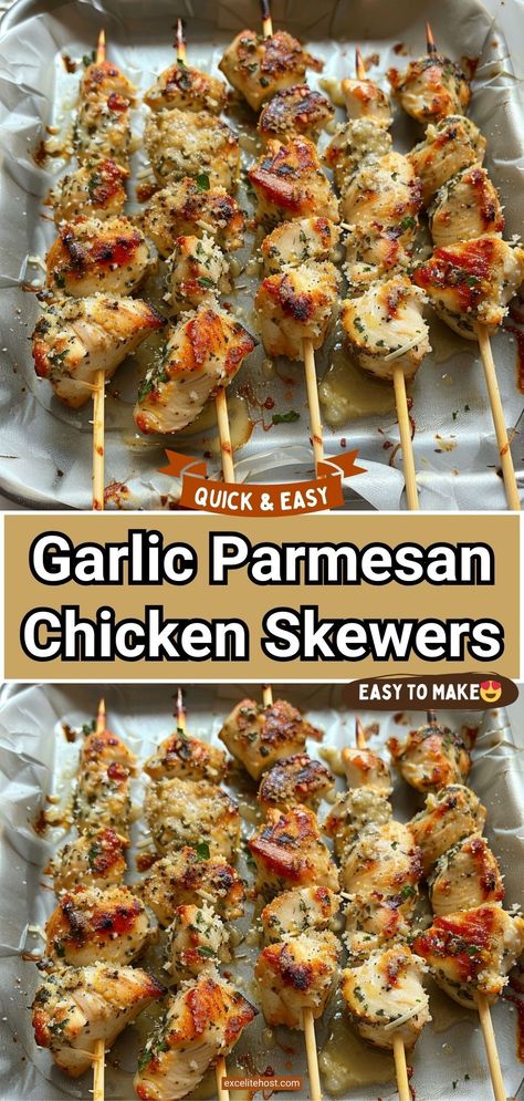 Delicious, juicy Garlic Parmesan Chicken Skewers on the grill, baked or in the air fryer. Bursting with garlic butter in every bite. Skewers On The Grill, Garlic Parmesan Chicken Skewers, Parmesan Chicken Skewers, Baked Garlic Chicken, Grilled Chicken Parmesan, Baked Chicken Spaghetti, Baked Garlic Parmesan Chicken, Chicken Bites Recipes, Low Calorie Recipes Dinner