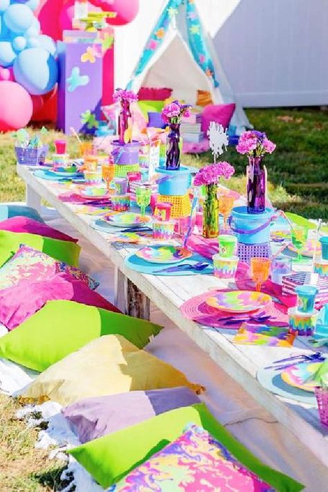 Don't miss this colorful slime-themed birthday party! The table settings are so impressive! See more party ideas and share yours at CatchMyParty.com Tie Dye Party Table Decorations, 7 Yr Birthday Party Ideas, Kids Birthday Party Table Set Up, Ninth Birthday Party Ideas, Sassy And Seven Birthday Party, 6 Year Birthday Party Ideas, 7 Year Birthday Party Ideas Girl, 8 Year Birthday Ideas Girl, Slime Birthday Party Ideas