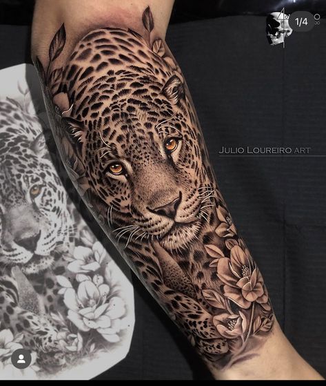 Half Cheetah Half Woman Tattoo, Cheetah And Floral Tattoo, Cheetah With Flowers Tattoo, Leopard Tattoo On Arm, Leopard With Flowers Tattoo, Cute Tattoo Ideas, Cheetah Tattoo, Cute Tattoo, Dark Flowers