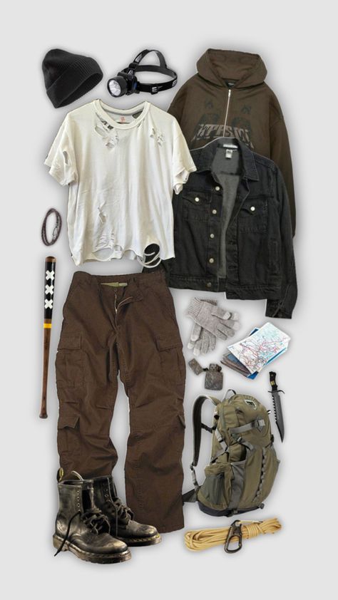 Zombie Apocalypse Outfits Aesthetic Men, Survival Core Outfits, Survival Outfit Male, Survivalist Aesthetic Outfit, Apocalyptic Outfit Men, Twd Outfits Male, Apocalypsecore Outfits, Male Apocalypse Outfit, Apocolypse Fashion Male