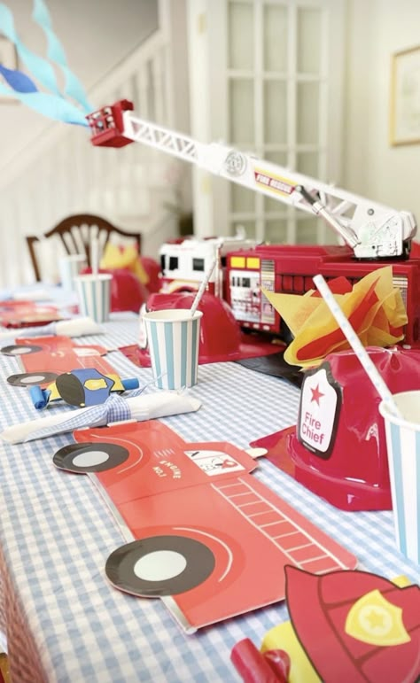 Fire Truck Police Car Ambulance Party, Firetruck Birthday Party Decor, Firefighter Third Birthday, Two The Rescue Birthday, First Responder Birthday Party, Firefighter Party Food, Fire Truck Birthday Party Ideas, Fire Engine Birthday Party, Firefighter Birthday Party