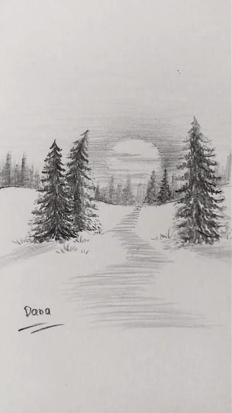 Winter Landscape Drawing Pencil, Scenic Drawings Easy, Forest Drawing Pencil Easy, Sky Sketch Pencil, Forest Sketch Simple, Winter Drawings Pencil, Winter Drawing Ideas Sketch, Fast Sketching, Snow Sketch