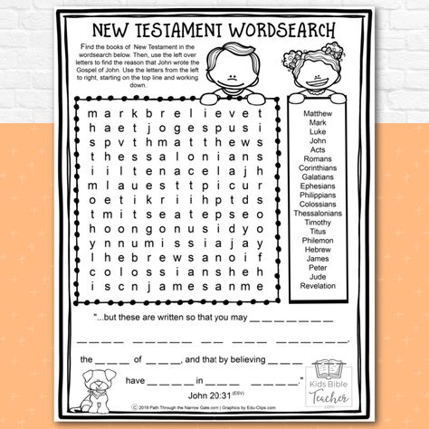 Books Of New Testament Free Printable, New Testament Word Search, New Testament Coloring Pages Free, The New Testament For Kids, Books Of The New Testament Printable, New Testament Books Of The Bible Games, Bible Worksheets For Kids Printables, New Testament Activities, New Testament Books Of The Bible