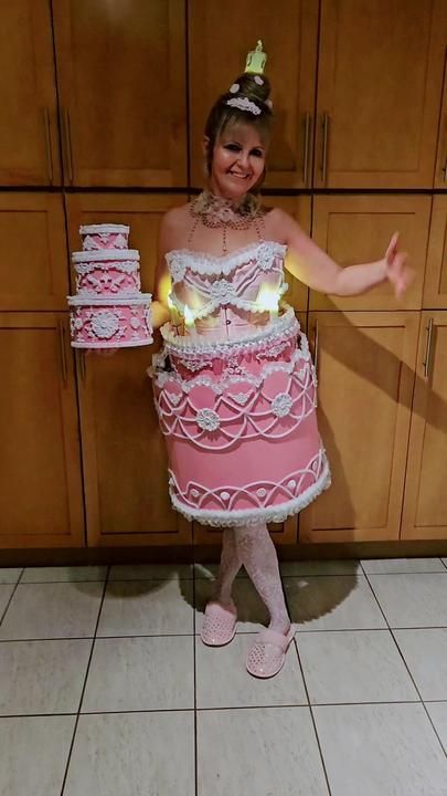 Cake Dress Moschino Cake Dress, Cake Inspired Dress, Birthday Cake Costume, Moschino Cake, Junk Couture, Dessert Dress, Cake Costume, Singing Telegram, Fancy Dress Competition