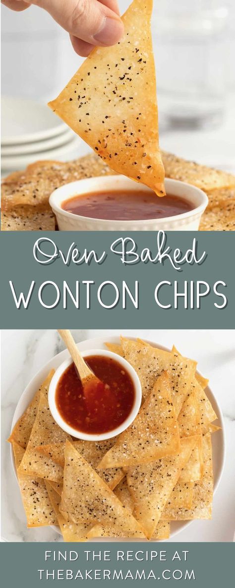 Oven Baked Wonton Chips bake up deliciously airy, golden brown and perfectly seasoned. They make the perfect appetizer or snack just ready for dipping in your favorite sauce! Not only are these wonton chips so easy to make, the seasoning on them is brilliantly simple. Salt, pepper, and garlic. They’re o-m-good, y’all. I can’t wait for you to try them. Crispy Baked Wontons, How To Make Wonton Chips, Wonton Crisps Baked, Recipes That Use Wonton Wrappers, Baked Wontons Recipes, Wonton Chips Baked, Baked Wonton Chips, Wonton Strips Recipe, Wonton Chips In Air Fryer