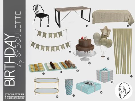 Birthday set - Syboulette Custom Content for The Sims 4 Sims 4 Cc Furniture Living Rooms, Lotes The Sims 4, Party Furniture, Free Sims, Sims 4 Toddler, Today Is My Birthday, Sims 4 Cc Furniture, Toddler Birthday, Sims 4 Build