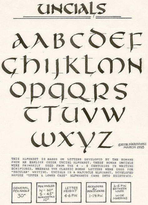 Uncial is a majuscule script (written entirely in capital letters) commonly used from the 4th to 8th centuries AD by Latin and Greek scribes.: Script Alphabet, Calligraphy Lessons, Handlettering Quotes, Handwriting Alphabet, Alfabet Letters, Typography Alphabet, Alphabet A, Alphabet Writing, Script Writing