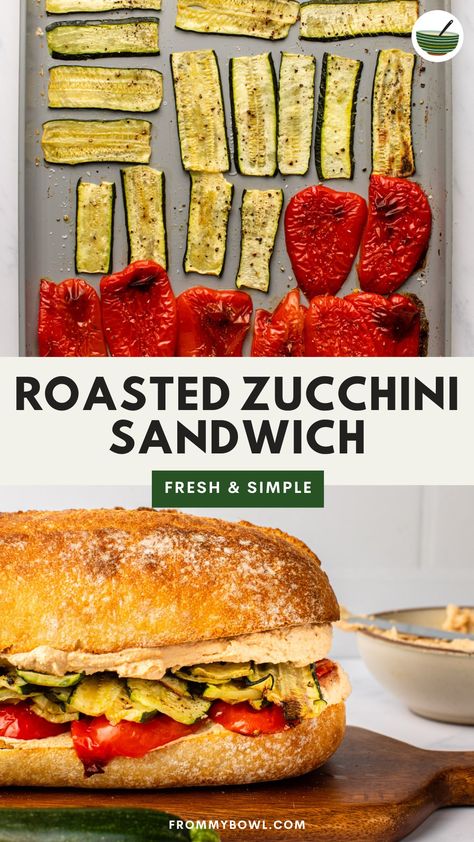 This Roasted Zucchini Sandwich is the best way to enjoy fresh summer zucchini. Made with roasted zucchini, red bell peppers, and sun-dried tomato whipped tofu on ciabatta bread, it’s so simple yet so flavorful. Vegan, Gluten-Free and Oil-Free options. Zucchini Sandwich Recipes, Roasted Veggie Sandwich, Whipped Tofu, Zucchini Sandwich, Picnic Catering, Red Pepper Sandwich, Madras Cafe, Lemon Garlic Aioli, Vegan Sandwiches