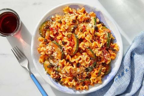 Recipe: Mafalda Pasta with Zucchini, Tomatoes & Parmesan - Blue Apron Mafalda Pasta Recipes, Pasta With Zucchini And Tomatoes, Mafalda Pasta, Pasta With Zucchini, Fried Capers, Blue Apron Recipes, Creamy Tomato Sauce, Zucchini Pasta, Spicy Beef