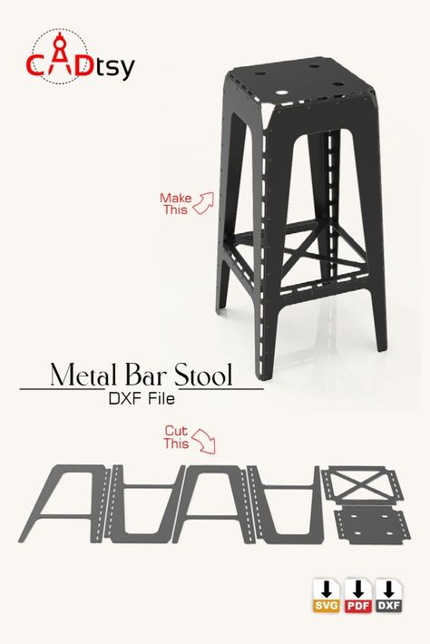 Unleash your creativity with our plasma-cut DXF file! Craft an exceptional industrial metal riveted bar stool that becomes the centerpiece of your bar area. Elevate your decor with this edgy and functional DIY project. #DIYFurniture #IndustrialDesign #MetalCrafting 📢 Buy 3 items - 20% discount (Promo code: CADTSY20OFF) 🌟 Buy 4 items - 30% discount (Promo code: CADTSY30OFF) 💥 Buy 5 and more items from our shop to get 40% off (Promo code: CADTSY40OFF) Cnc Plasma Projects Ideas, Bar Stool Diy, Metal Crafts Diy, Sheet Metal Crafts, Stool Diy, Metal Sheet Design, Diy Bar Stools, Sheet Metal Art, Metal Bar Stool