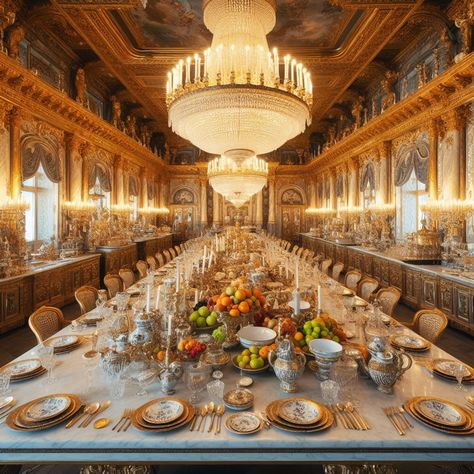 Palace Interior Kitchen, Royal Dining Room, Inside A Palace Aesthetic, Royal Dining Hall, Palace Kitchen Royal, Luxury Kitchens Mansions, Castle Dining Hall Aesthetic, Big Fridge, Dinning Room Sets