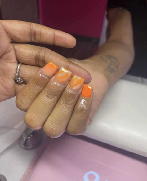 Orange Square French Tip Nails, Cute Short Nail Sets Orange, Square Nails Orange Tips, Medium Square Acrylic Nails Orange, Short Orange Acrylic Nails, Short Square Orange French Tips, Orange Short Nails, Orange Nails Short, Short Orange Nails