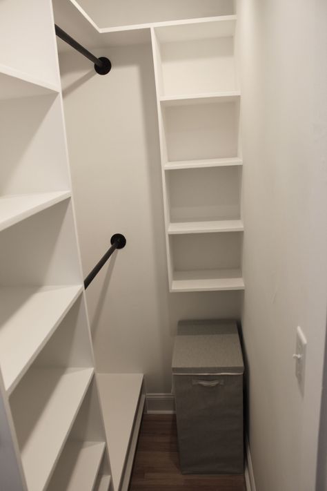 Slanted Shoe Shelves In Closet, Deep Side Closet Organization, Closet Rods And Shelves Walk In, Tiny Closet Shelving Ideas, Tiny Walk In Closet Dimensions, Half Walk In Closet Ideas, Small L Shaped Closet Organization, Closet Shelves And Rods, Small Closet Maximize Space