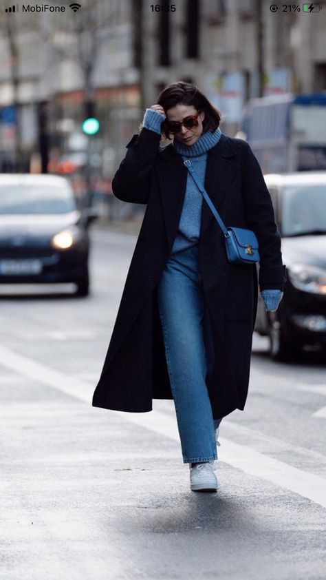 Long Navy Wool Coat Outfit, Blue Long Coat Outfit, Blue Wool Coat Outfit, Navy Coat Outfit Winter Wear, Denim Wide Leg Pants Outfit, Blue Coat Outfit Winter, Navy Jeans Outfit, Navy Blue Coat Outfit, Blue Jeans Outfit Winter