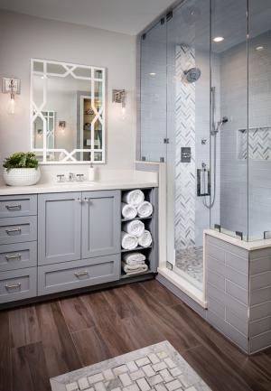 Get inspired for your next bathroom remodel with these 50 beautiful bathrooms that feature luxury finishes and a spa-like vibe.: Bathroom With Tiles And Textures Makeover Kamar Mandi, Master Bath Remodel, Subway Tiles, Basement Bathroom, Bad Design, Grey Bathrooms, Bathroom Renos, Bathroom Remodel Master, Bath Remodel