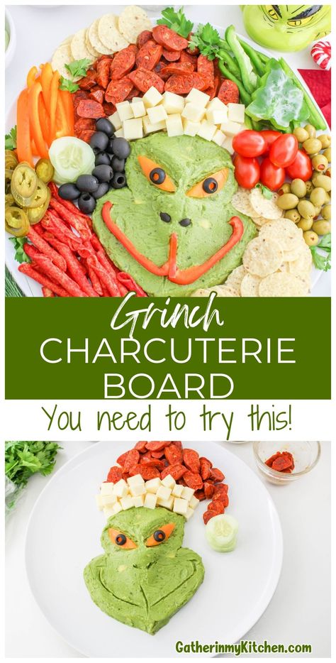 Host a Grinch-themed Christmas party with a whimsical charcuterie board. Create a Grinch's face using guacamole and adorn it with a Santa hat crafted from cheese and chorizo. This dessert-themed board also includes a selection of tailor-made Grinch snacks such as olives and jalapeños. Grinchmas Food, Grinch Charcuterie, Grinch Charcuterie Board, Grinch Snack, Christmas Charcuterie Board, Charcuterie Appetizers, Christmas Charcuterie, Appetizers For Kids, Grinch Party