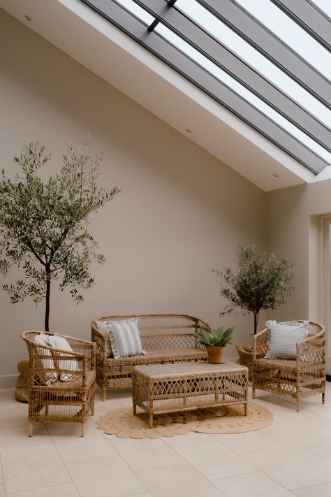 This shows a lounge area in a barn. The seating area consists of a matching cane set, with matching sofa, armchairs and coffee table. On all the seating are plush, light blue and taupe cushions. Behind the armchairs are tall and medium height olive trees. Cane Sofa, Natural Vibes, Barn Photography, Cane Furniture, Live Tree, Jute Rugs, Jute Rug, Furniture Collection, Rustic Style