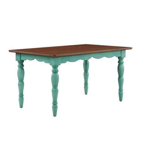 Gather friends and family around The Pioneer Woman Teal Dining Table. It features a traditional design with a light brown table top and a teal base that will add farmhouse flair to your home. With a sturdy wood construction, this dining table can comfortably seat six people for meals and family game nights. It will make a wonderful addition to your dining room, kitchen, or any room in your home. Mix and match this table with other furniture from The Pioneer Woman Collection. Add vintage-inspired style to your home with The Pioneer Woman Teal Dining Table. Meet Ree: Ree Drummond is a NY Times Best Selling Author, TV personality, social media phenom, and the woman behind the popular Pioneer Woman lifestyle blog that started it all. She's also a lover of butter, basset hounds, Ethel Merman, h Pioneer Woman Furniture, French Cottage Dining Room, Teal Dining Table, Boho Dining Table Decor, Coastal Breakfast, Table And Chairs Makeover, Cottage Dining Table, White Oval Dining Table, Light Brown Table